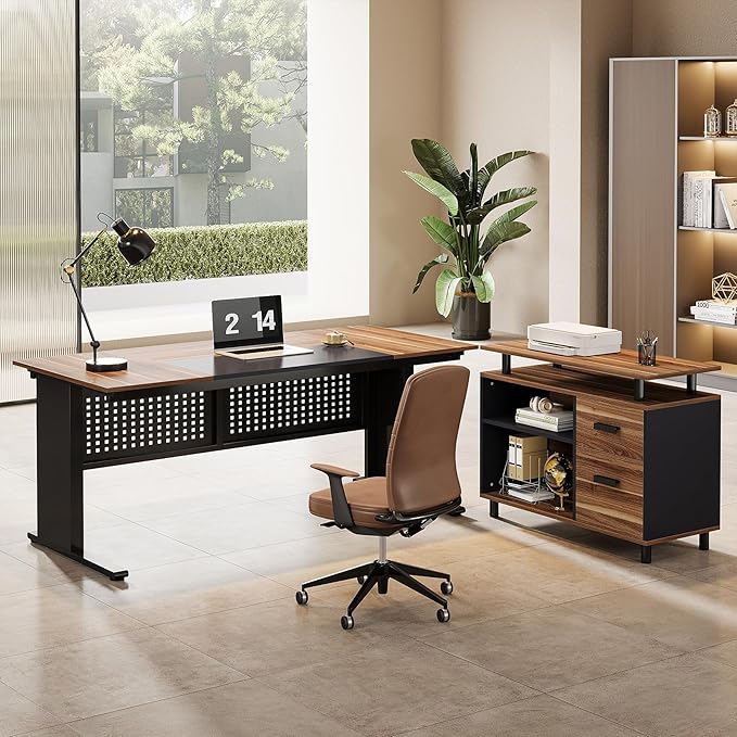 Tribesigns 63-Inch L-Shaped Executive Desk with Storage Shelves Large Office Computer Desk with Drawers and File Cabinet Industrial Business Workstation for Home Office Brown and Black