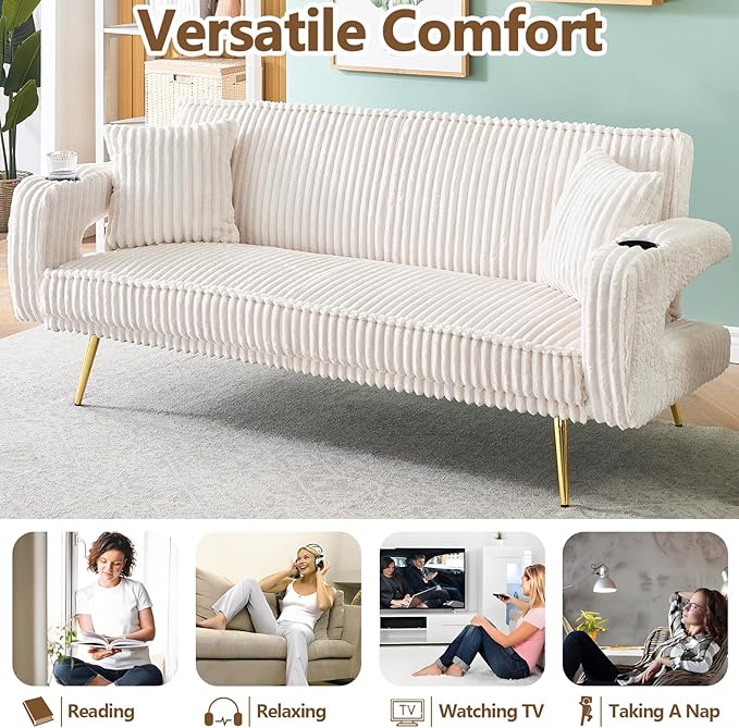 70 Beige Futon Couch Bed Sofa Comfortable Futon Loveseat with Cupholders &amp Arms Convertible Fouton Sofas with Adjustable Backrest &amp Pockets for Small Spaces Living Room Bedroom Dorm (White)