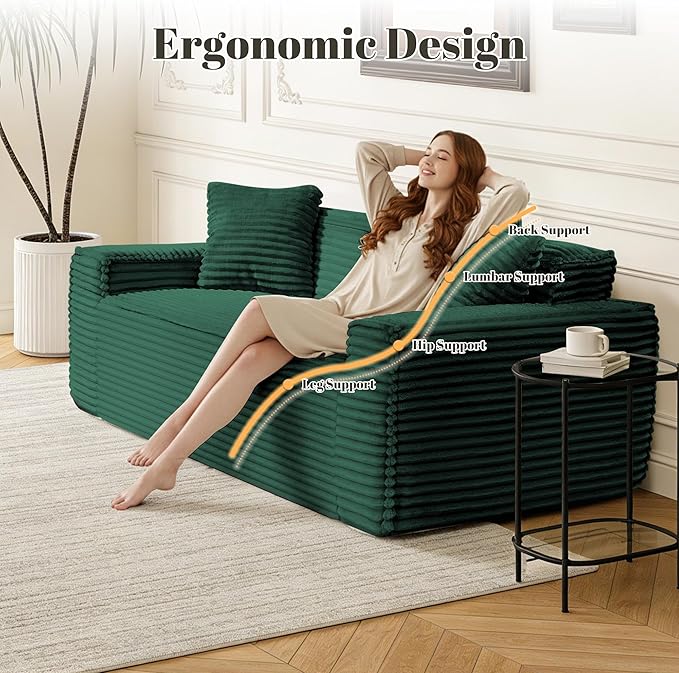 75 Cloud Loveseat Sofa 26 Deep Seat Boneless Couches for Living Room Modern 3 Seater Sofa with Throw Pillows Corduroy Compression Sofa in Box No Assembly Couch for Bedroom Dorm Dark Green