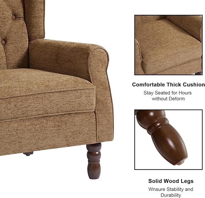 Accent Chair Upholstered Armchair with Button Tufted High Back &amp Solid Wood Legs Comfy Wingback Reading Single Sofa Chair for Small Spaces Living Room Bedroom (Brown Set of 2)