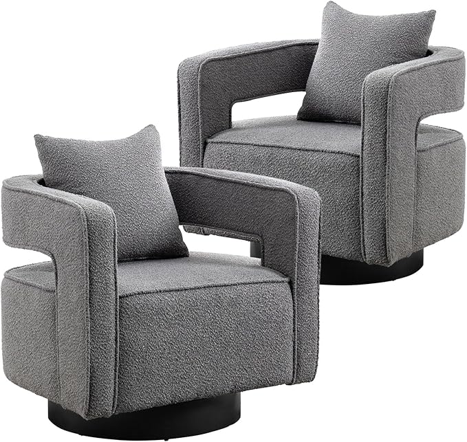 Swivel Barrel Chair Set of 2 Modern Teddy Round Accent Chairs Curved Open Back 360 Degree Swivel Arm Chair with Pillow Single Sofa Chair for Living Room BedroomGrey