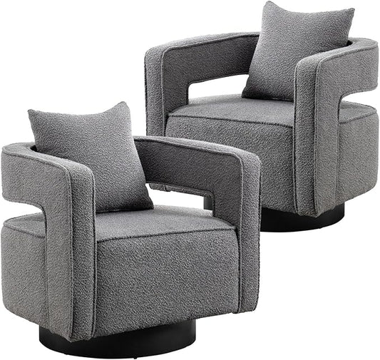 Swivel Barrel Chair Set of 2 Modern Teddy Round Accent Chairs Curved Open Back 360 Degree Swivel Arm Chair with Pillow Single Sofa Chair for Living Room BedroomGrey