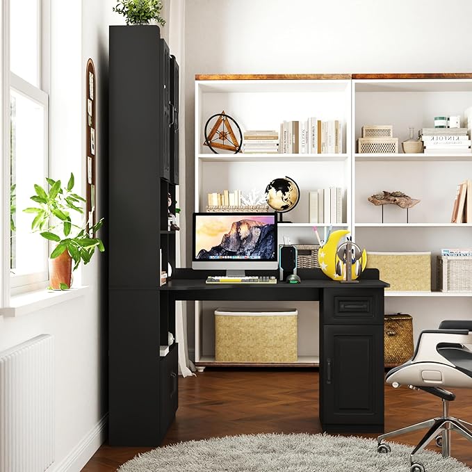 L Shaped Computer Desk with Hutch and Bookshelf Home Office Gaming Corner Desk with Drawers and Storage Shelves for Writing Work Bedroom Living Room Black (Style-09)