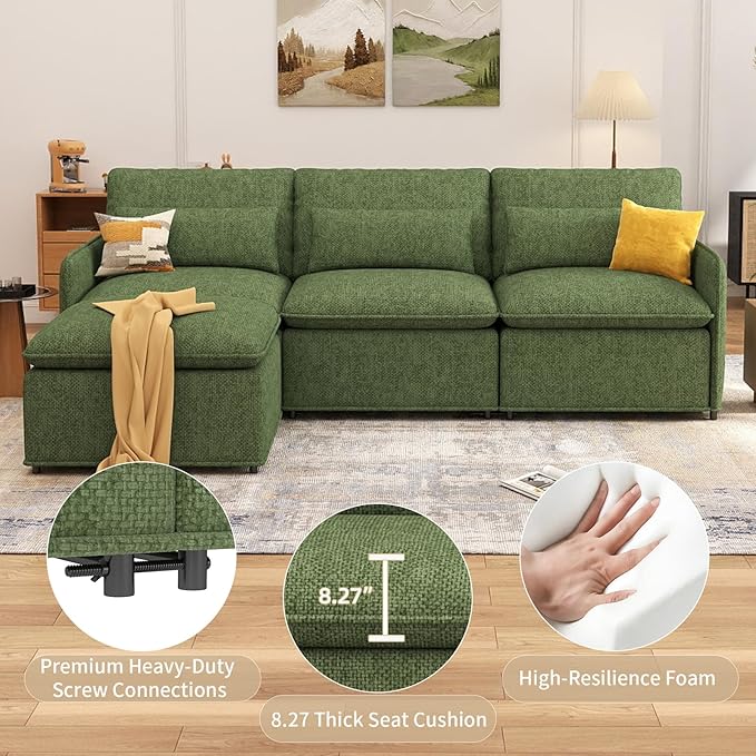L Shaped Sectional Couch 94.5 Sectional Cloud Couch for Living RoomFluffy Modular Sofa with Textured Corduroy3 Seaters with OttomanPet-Friendly Comfy Modern Deep Seat Sofa SetGreen