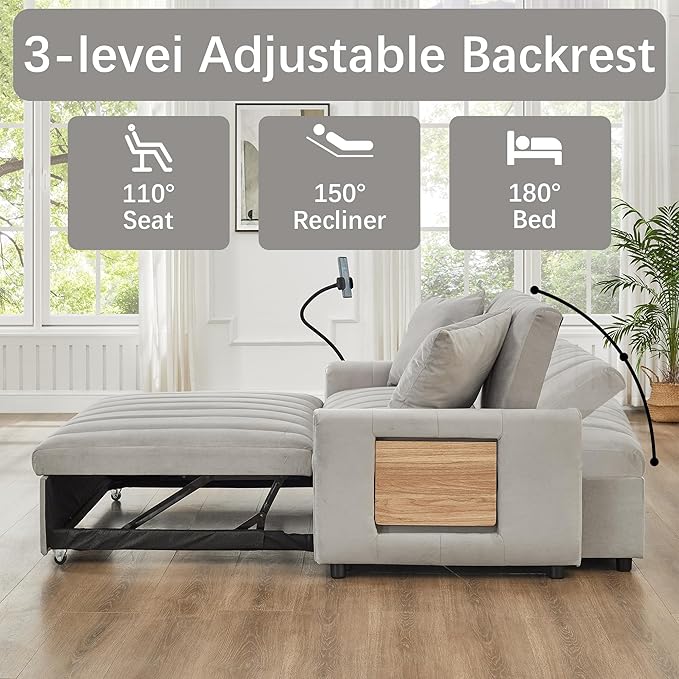 Convertible Velvet Sofa Bed with Pull-Out Bed &amp Side Storage Pockets Modern Sleeper Sofa for Living Room Apartment Small Spaces and Bedroom (Grey-2)
