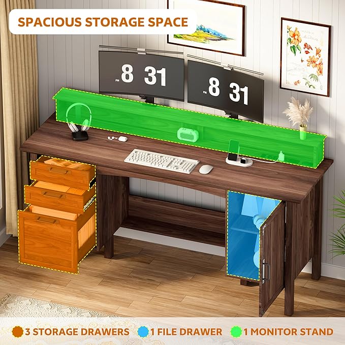 Farmhouse Office Desk with Power Outlet &amp Monitor Stand 63'' Home Computer Desk with 2 Drawers File Cabinet Storage Cabinet Executive Desk for Work Study Writing Gaming Walnut