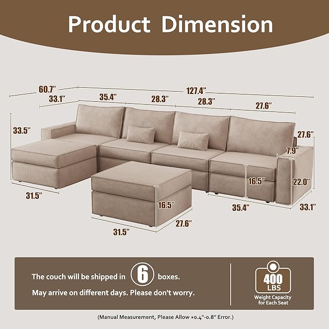 HOOOWOOO Modular Sectional Sofa CouchU L Shaped Free Combination Couch ChairsCloud Sofa with Ottomans Chaise 6 Pieces Set for Living Room(Beige Corduroy)