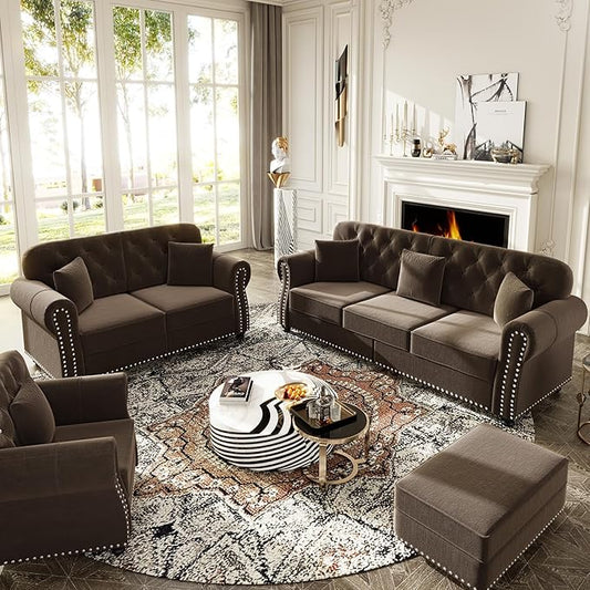 4 Pieces Chesterfield Sofa Set with Ottoman 1&amp 2&amp 3 Seater Comfy Tufted Velvet Couch with Rolled Arms &amp 6 Pillows Mid Century Modern Couch and Loveseat Vintage Living Room Sets Furnitur