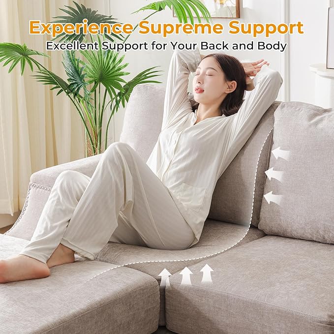 85 Sectional Couches with Armrest Organizer L Shaped Couch with Storage Ottoman3-Seater SofaThick CushionsSmall Sofas for Living RoomBedroomApartmentChenilleKhaki