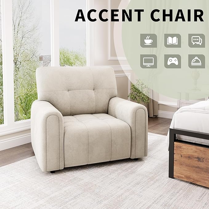 EJUNQ Mid-Century Oversized Accent ChairModern Upholstered Living Room ChairsWide Comfy Reading Chair for AdultsTraditional Single Couch Armchairs for Living Room/BedroomIvory
