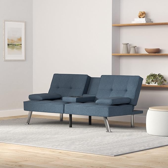 Best Choice Products Linen Modern Folding Futon Reclining Sofa Bed for Apartment Dorm w/Removable Armrests 2 Cupholders - Blue