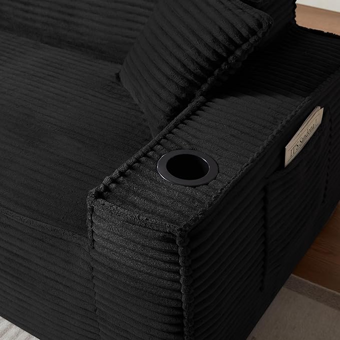 61 Cloud Loveseat Sofa with Cup Holder &amp Side Pocket Corduroy 2 Seater Sofa for Small Spaces Boneless Floor Sofa Couch with Pillow for Living Room Bedroom Apartment (Black Loveseat Sofa) | N