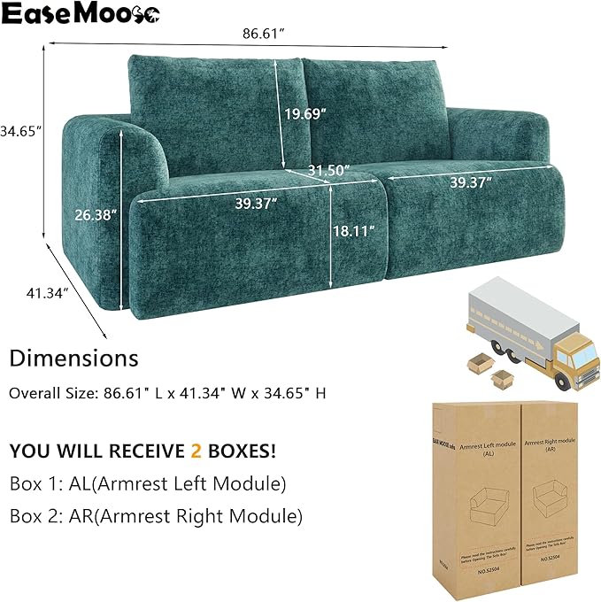 EASE MOOSE Boneless Couch for Living Room Compressed Sectional Cloud Sofa Modular Cloud Couch Loveseat 2-Seater Deep Seat Sofas for Small Spaces No Assembly Required Chenille (Blue)