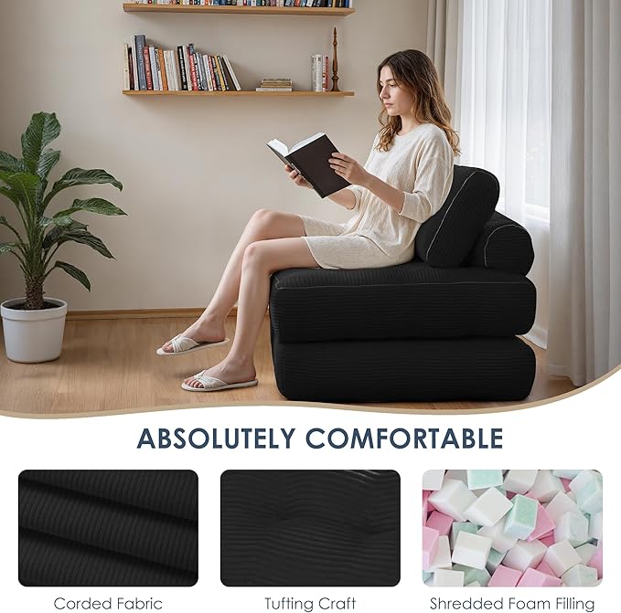 Folding Sofa BedConvertible Sleeper Chair for Adults Folding Sofa Bed Foam Filling Couch with PillowSleeper Chairs Single Size Floor MattressBlack