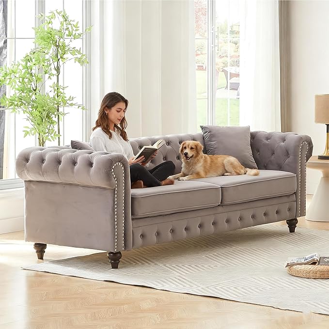 2 Piece Mid Century Modern Couch Set Retro Button Tufted Chesterfield Sofa muebles para la sala Comfy Deep Seat Upholstered Office Furniture Living Room Sofas Set (Grey Velvet Couch and Loveseat)
