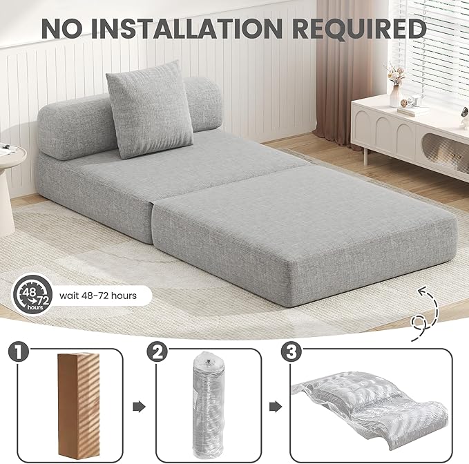 DURASPACE Folding Sleeper Sofa Bed Convertible Foam Floor Mattress Couch Single Boneless Fold Out Lounger Chair Bed for Living Room Bedroom (Chenille Gray)