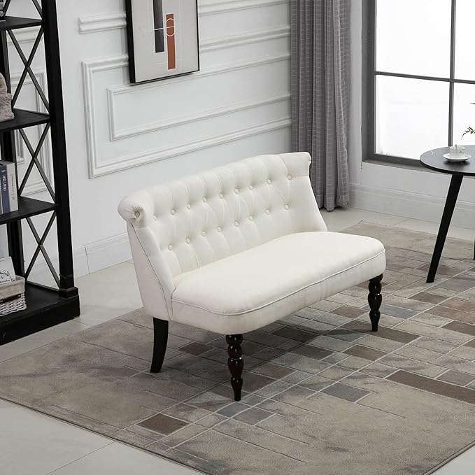 HOMCOM Upholstered Armless Fabric Loveseat with Button Tufted Design for Living Room with Wood Legs Cream White