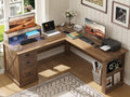 Executive L Shaped Desk with Monitor Stand 59 inch Farmhouse Corner Computer Desk with Power Outlets &amp LED Lights Home Office Desk with File Cabinet for Working Gaming Writing Dark Walnut