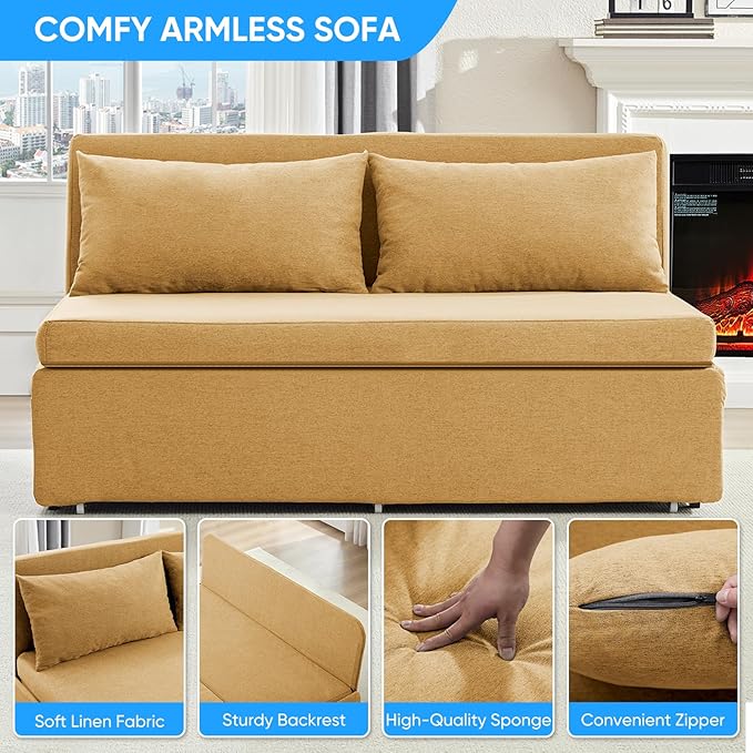 Mjkone 64 W Sofa Bed Queen Size with Pull Out Bed 2-in-1 Modern Linen Living Room Pull Out Sleeper Sofa Couch Beds with Cushions &ampThrow Pillows for Apartment Office Studio Small Place Yellow