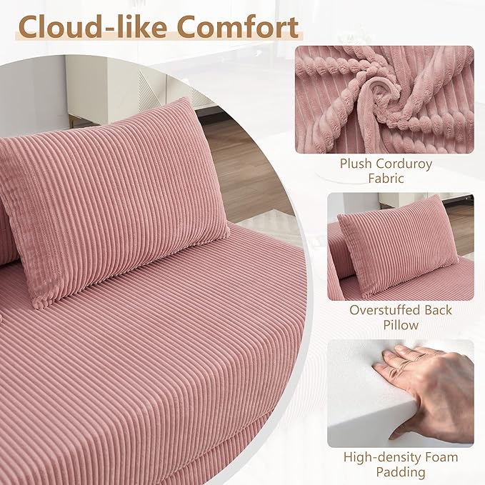 KIVENJAJA Folding Sofa Bed Full Size 3-in-1 Convertible Sleeper Sofa Corduroy Foldable Boneless Floor Futon Couch with Backrest &amp Pillows for Home Living Room Office Apartment Small Spaces Pink