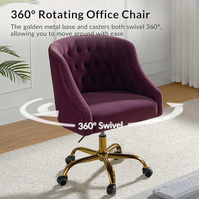Velvet Office Chair with Gold Base Modern Cute Desk Chair Comfortable Adjustable Swivel Task Chair for Home Office Living Room Bedroom Vanity Study
