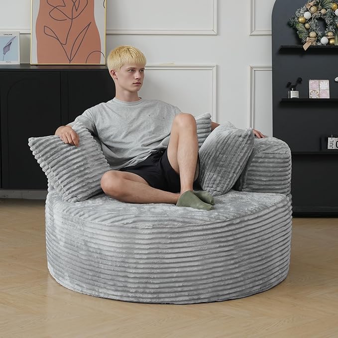 JACH Oversized Boneless Sofa Chair Comfy Corduroy Lounge Chairs Modern Deep Seat Lazy Chaise Lounge Chair for Living Room Movie Room Game Room Small Space No Assembly Required (Light Grey)
