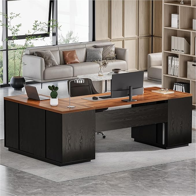 LITTLE TREE 87-Inch Modern Executive Desk with File Cabinet Large Home Office Desk with Drawers 3-Drawer Wooden File Cabinet Spacious Workstation for Home Office (Brown &amp Black)