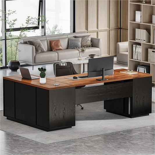 LITTLE TREE 87-Inch Modern Executive Desk with File Cabinet Large Home Office Desk with Drawers 3-Drawer Wooden File Cabinet Spacious Workstation for Home Office (Brown &amp Black)