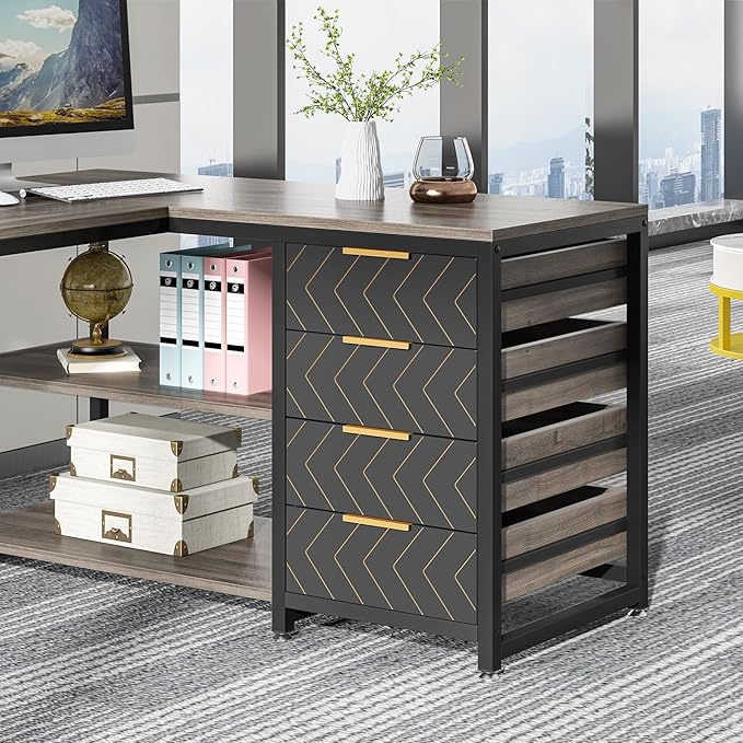 Tribesigns L Shaped Computer Desk with Storage Drawers 59 inch Corner Desk with Shelves Reversible L-Shaped Office Desk Writing Table Workstation for Home Office Grey