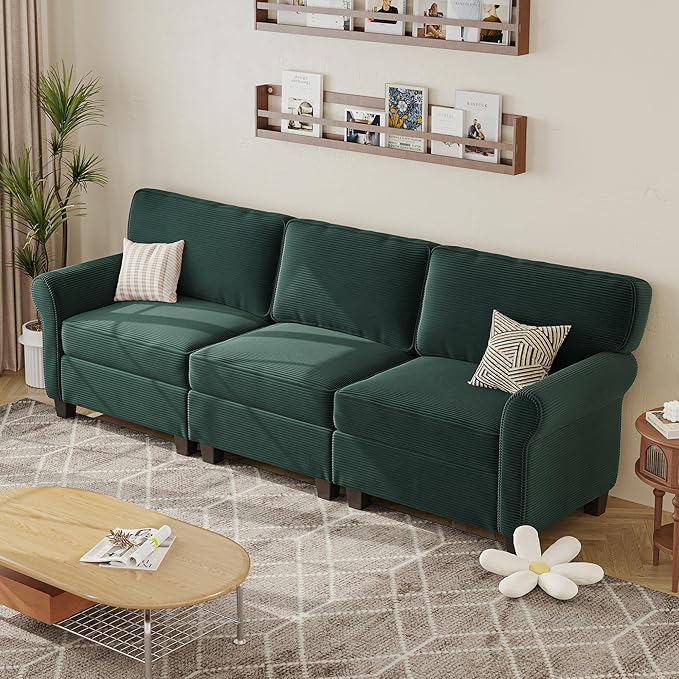 94 Sofa for Living Room 3 Seater Couch with Deep Seat Modern Comfy Corduroy Couches for Apartment Small Space Dark Green