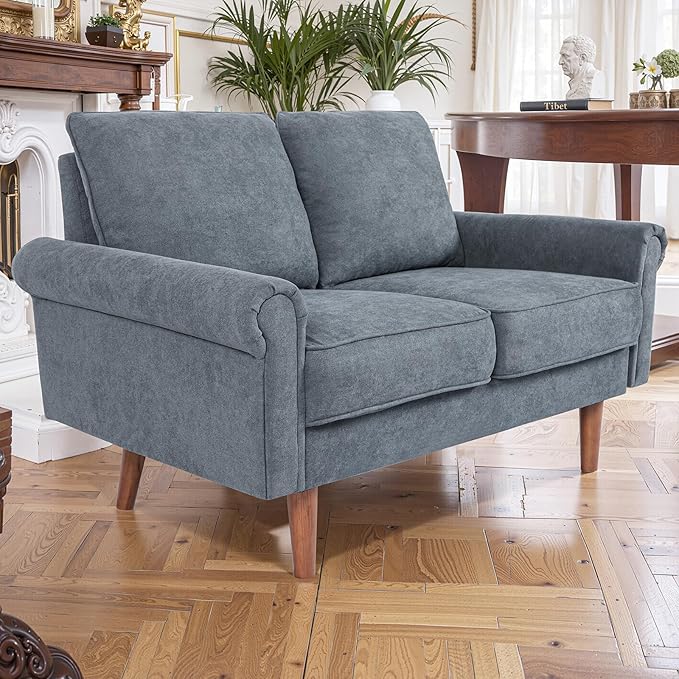 57-Inch Modern Velvet Loveseat Sofa with Rolled Armrests Removable Cushions Solid Wood Legs Comfy Two-Seater Sleeper Couch Easy Assembly for Living Room Bedroom Office Gray