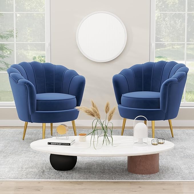 DAGONHIL Mid Century Modern Upholstered Accent ChairRetro Leisure Velvet Single Sofa with Golden Metal Legs for Living Room/Bedroom(Navy Blue)