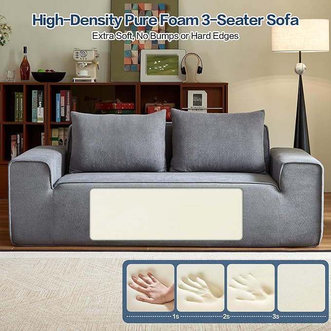 76 Memory Foam Couch 3 Seater Boneless Couh with Deep Seat Small Cloud Sofa for Living Room Office No Assembly Required Sofa (Grey Velvet)