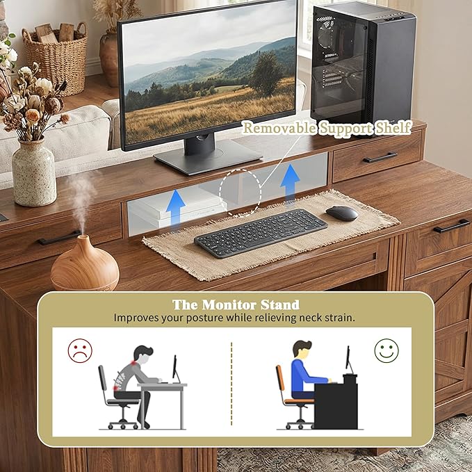 59 Farmhouse Office Desk with Charging Station &amp Storage Cabinet Barn Door Design Home Study Desk with File Drawer Monitor Stand and Keyboard Tray for Office Study Living Room (Walnut)