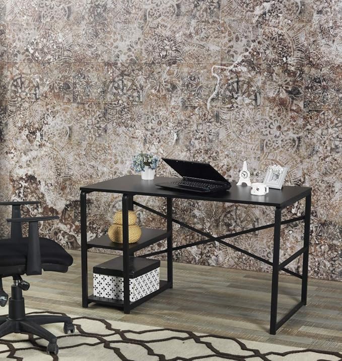 Sage Black Metal &amp Wood Desk - 47 Writing Desk with 2 Shelves Home Office Desk