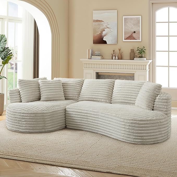120W Oversized Modern Curved Cloud CouchCorduroy Modular Sectional Sofa with Chaise L Shaped Boneless Couch Compression Foam Sofa for Living Room Bedroom No Assembly Required(Left Facing Cream)