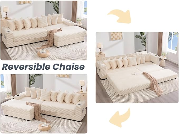 Oversized L-Shaped Modular Sectional Sofa Couch with 8 Pillows Convertible Corduroy Sleeper Sofa Bed with Cupholders &amp Storage Pockets Cloud Couch with Movable Ottoman for Living Room Beige