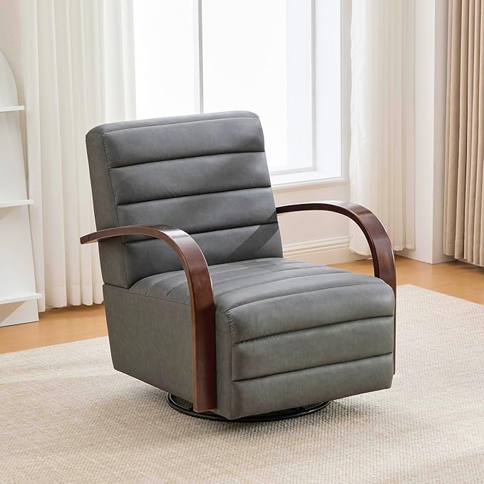 30.3 W Swivel Modern Boucle Upholstered Accent Chair with Solid Wood Armrests Comfy Lounge Reading Chair Side Armchair for Hotel Bedroom Living Room Office Nursery Room (Gray+PU)