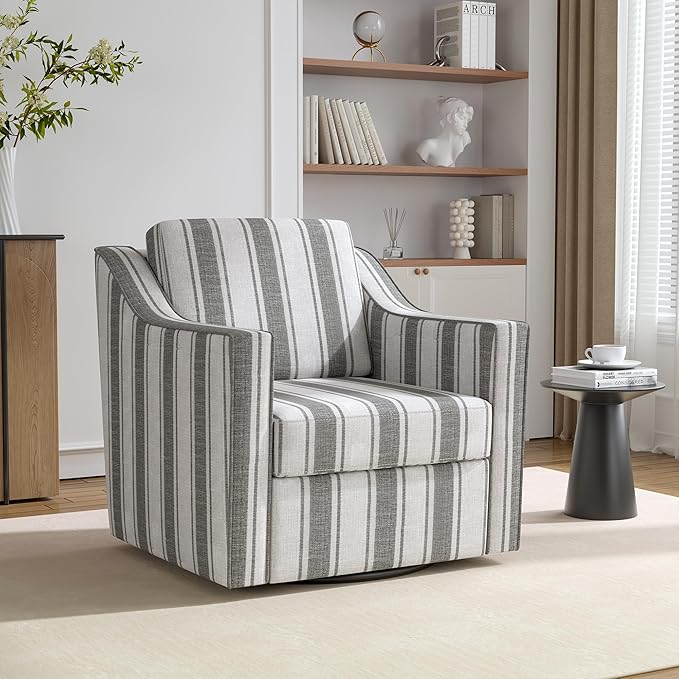 Swivel Accent Chair 360° Swivel Upholstered Club Armchairs for Living Room Comfy Fabric Single Sofa Reading Chair with Deep Seat Metal Swivel Base Gray Stripe