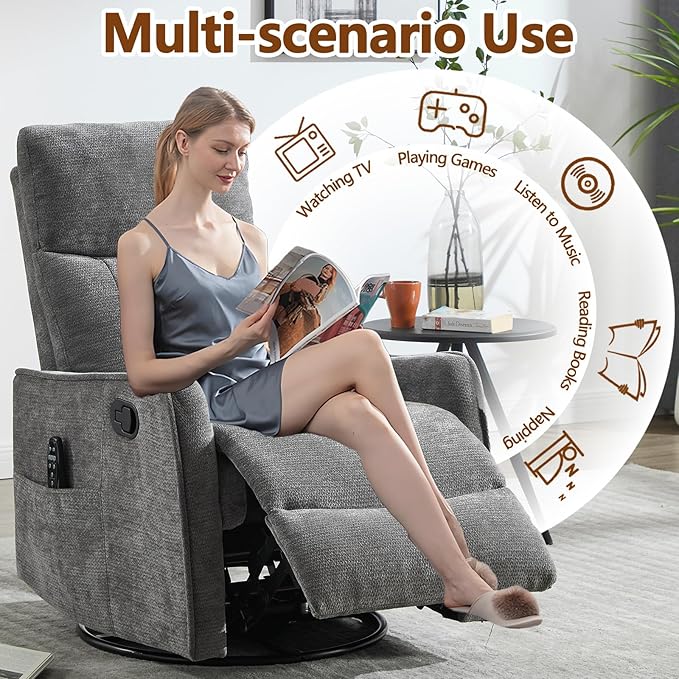 Slim Swivel Rocking Chair Recliner with PocketsLazy Boy Recliners for for AdultsSmall Recliner Chair for Small Spaces Manual Reclining Chair for Living Room Bedroom (Cinerous)