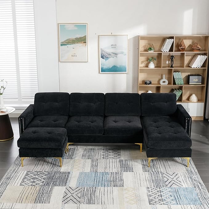 kevinplus 111 Velvet Sectional Sofa Couch for Living Room Modern Contemporary L-Shaped 4-Seat Tufted Sofa Couch with Chaise Lounge &amp Ottoman for Apartment Office Strong Metal Leg Black