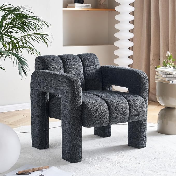 Accent Chair Living Room Chairs Modern Comfy Reading Nook Chair for Bedroom Upholstered Boucle Fabric Side Chair Armchair for Living Room Office (Dark Grey)