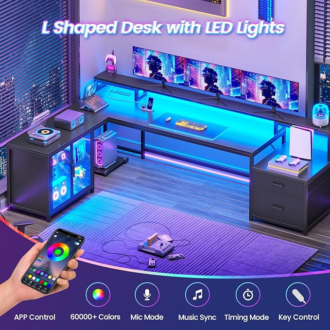 SEDETA L Shaped Gaming Desk 78.7” Large Computer Desk with Drawers and Power Outlet &amp LED Light Corner Gaming Desk with Storage Shelves Display Cabinet for Home Office Black