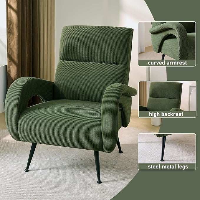 Corduroy Accent Chairs for Living Room Tufted High Back Reading Chairs for Bedroom Mid-Modern Comfy Upholstered Armchairs for Bedroom Reading Nook Apartment Forest Green