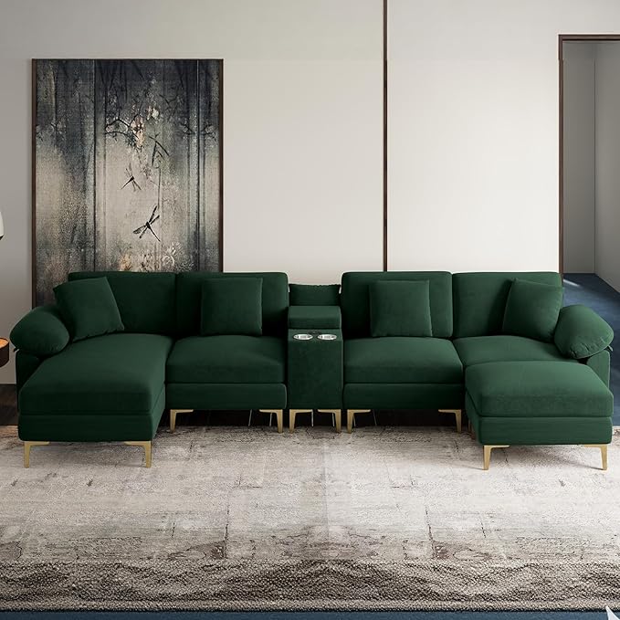 OUYESSIR U-Shaped Sectional Sofa Couch 4 Seat Sofa Set for Living Room Convertible U-Shaped Chenille Couch Set with USB Port Central Console Ottoman128 inches (Green)
