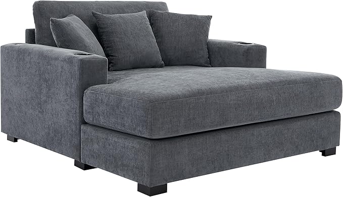 55 Oversized Chaise Lounger Modern Style Sofa Couch with Pillows Charge Station &amp Cup Holders Chenille Fabric Blue Gray