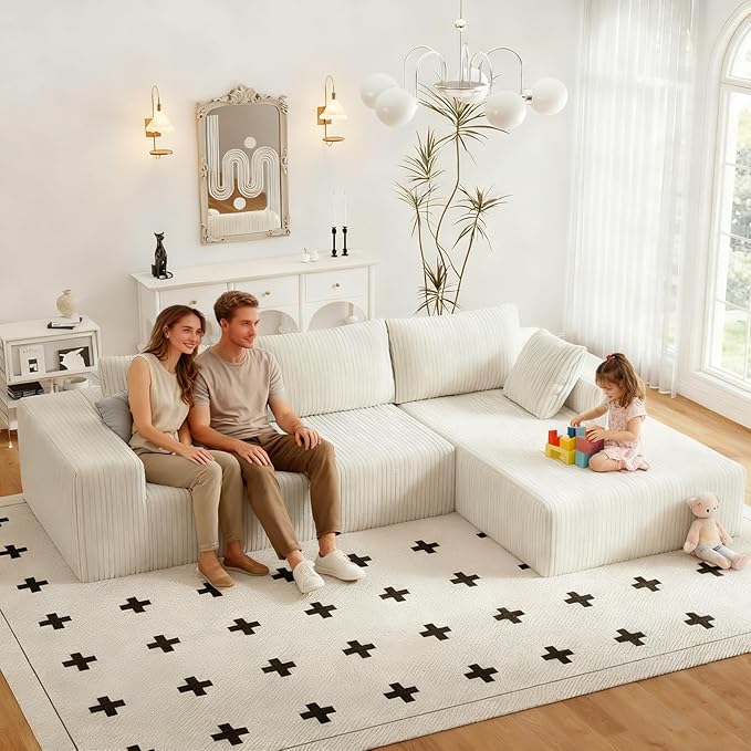 Boneless Couch Corduroy Sectional Sofa Cloud Couches Deep Seat L-Shaped Sofa No Assembly Pet-Friendly Apartment Couch for Small Spaces (Beige L Shape with Right Facing Chaise)