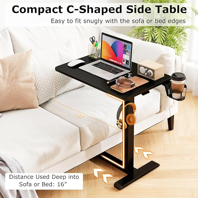 Tangkula Mobile Standing Desk Pneumatic Height Adjustable Rolling Desk with Cup Holder &amp Headphone Hook Overbed Table with Hidden Wheels Laptop Computer Cart for Couch Home Office (Black)
