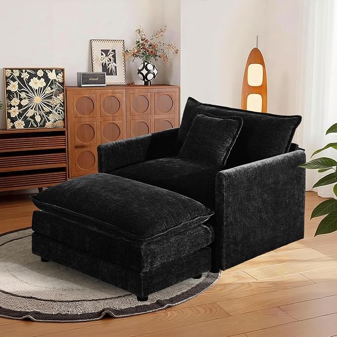 SoarFlash Chenille Sectional Sofa Comfy Modular Single Sofa with Ottoman Modern Recliner Deep Seat Sofa Set for Living RoomBlack