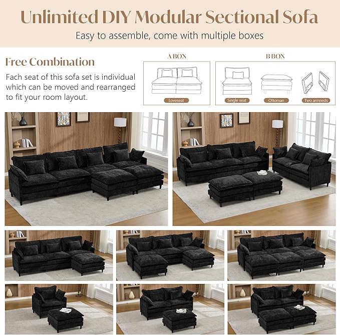 SAMERY 180.6 U Shaped Couch Cloud Sofa Modular Sectional Couch with 4 Large Ottomans 5 Seater Chenille Oversized Deep Seat Sectional Sofa with Pillows for Living Room Bedroom Apartment